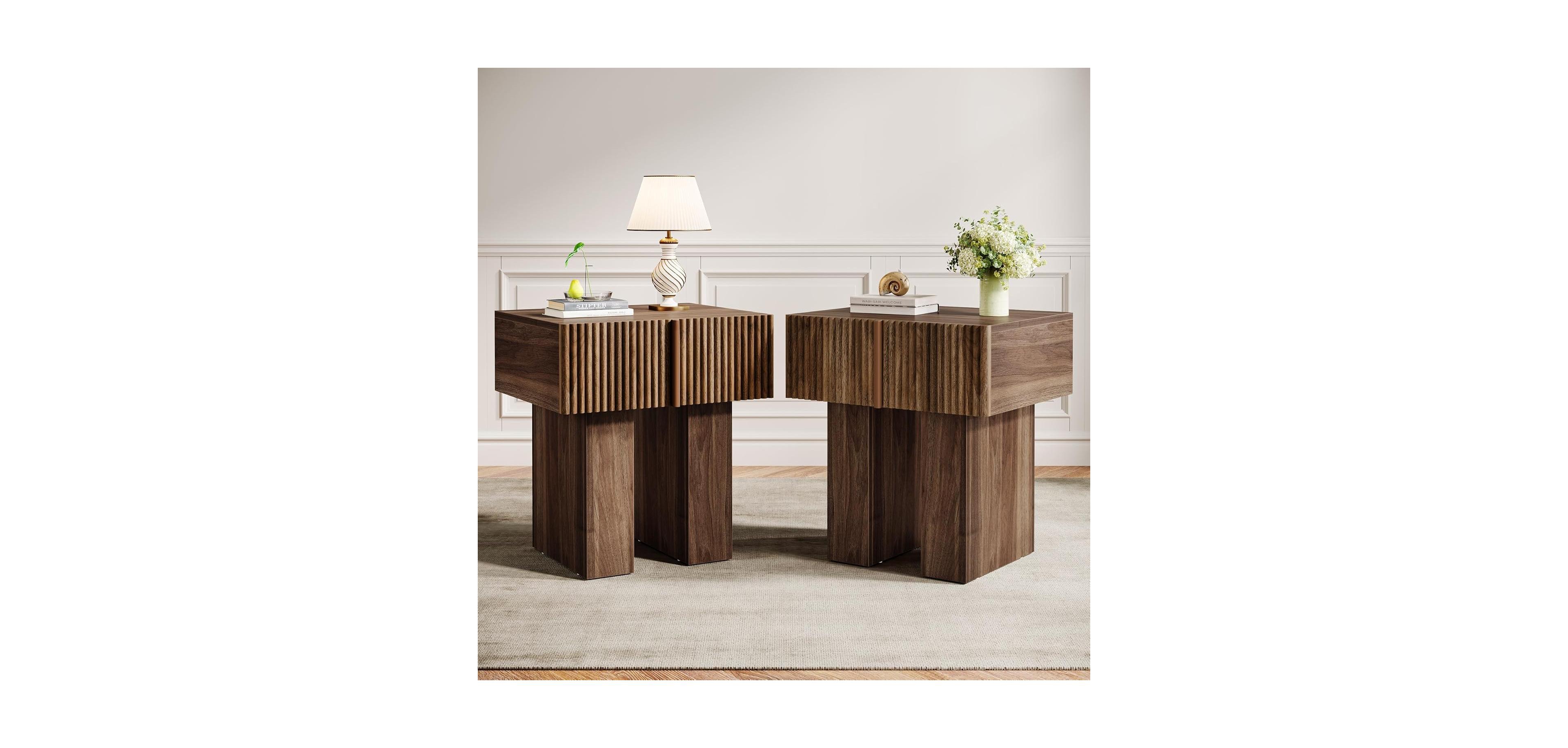Tribesigns Fluted Nightstand Set of 2, Wooden Night Stand with Storage Drawer, Modern Bedside Table Side End Table