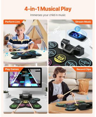 Roll-Up Electric Drum Set 9 Pads with Stand Pedals Light-Up Sticks