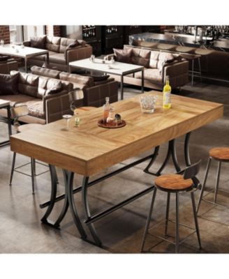 63" Counter Height Dining Table with Metal Footrest, Rectangular Tall Kitchen Bar Table, Natural