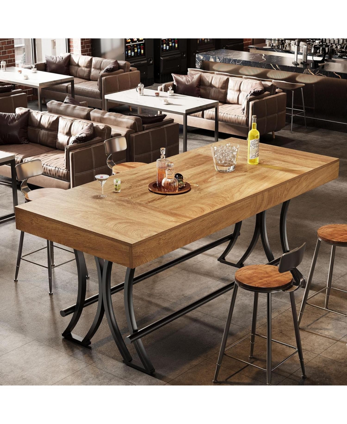 Tribesigns 63" Counter Height Dining Table with Metal Footrest, Rectangular Tall Kitchen Bar Table, Natural