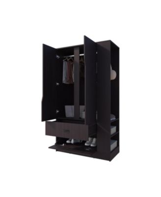 Sehili 3-Door Wardrobe with Drawer, Side Shelves & Hanging Rods, Contemporary Wenge Finish