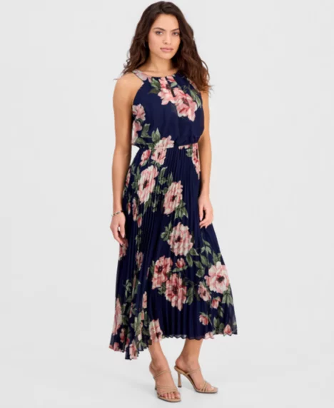 Petite Printed Halter Pleated Maxi Dress - Navy.pink
