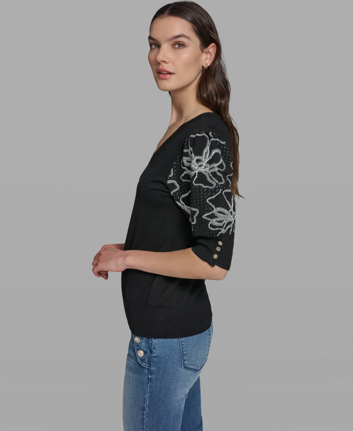 Karl Lagerfeld Paris Petite Floral Print V-Neck Sweater