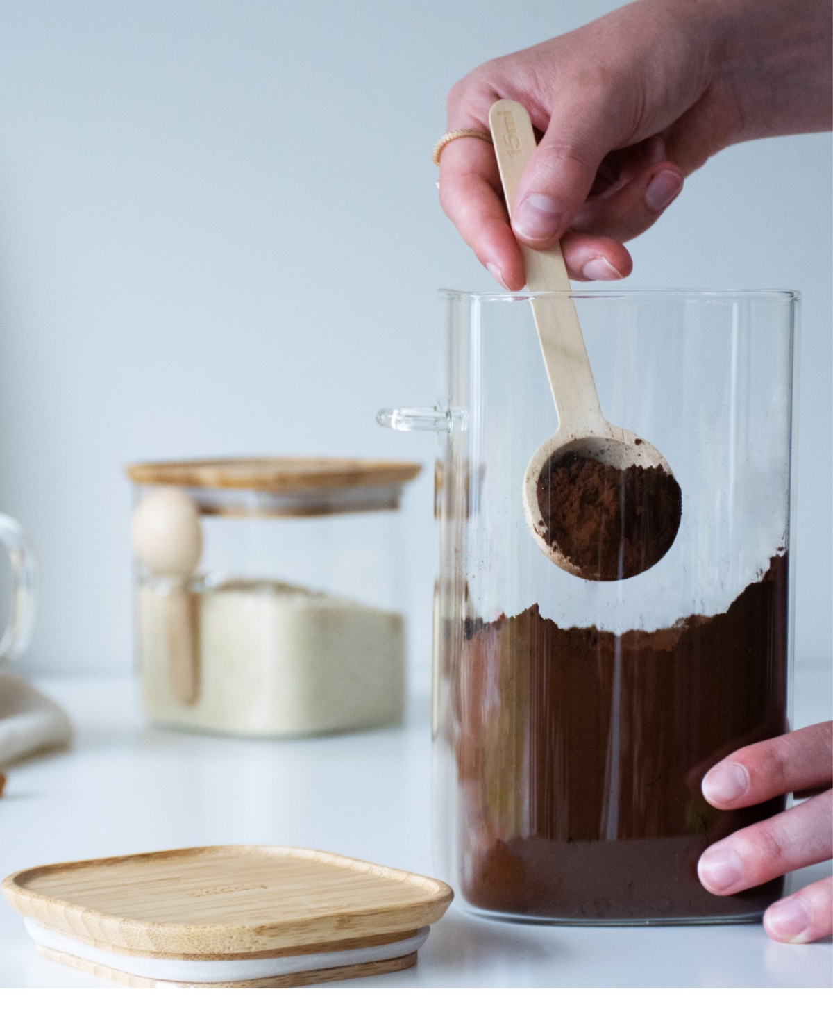 Pebbly Square Glass Bamboo Canisters with Scoop, Set of 2