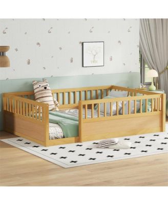 Montessori Wooden Floor Bed with Safety Fence Kids Low Profile Play Bed Frame for Bedroom & Playroom