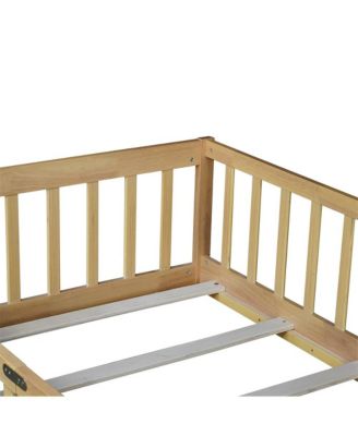 Twin Size Floor Bed with Safety Fence & Door Rubber Wood Kids Bed for Compact Rooms