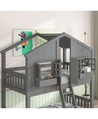 Twin over Twin House Bunk Bed with Roof Window Door & Safety Guardrails Playful Wooden Loft Bed for Kids