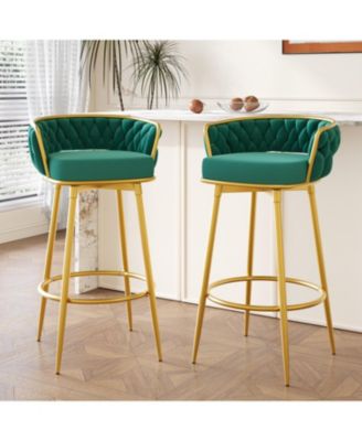 Streamdale Green Swivel Counter Height Bar Stools (Set of 2) with Hand-Woven Backrest & Gold Legs