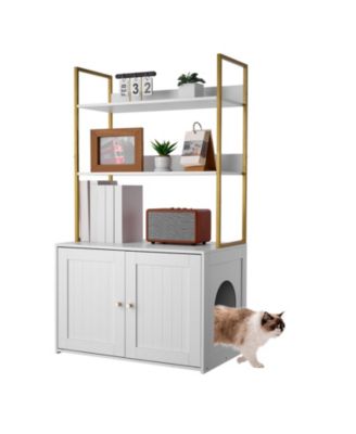 Wooden Litter Box Enclosure with 2-Tier Shelves & Metal Legs, 27.6"