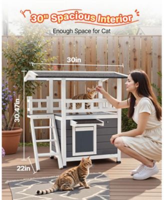 30" 2-Story Wooden Outdoor Cat House with Balcony & Stairs
