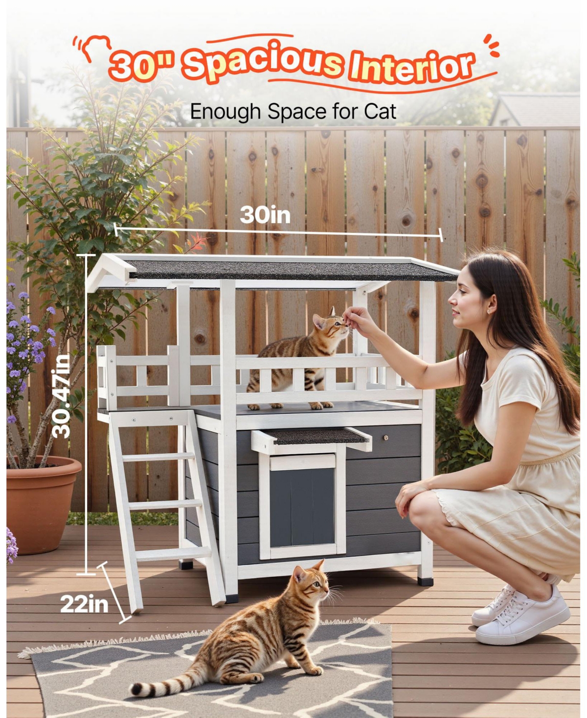 Cozito 30" 2-Story Wooden Outdoor Cat House with Balcony & Stairs