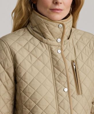 Womens Hooded Quilted Faux-Suede-Trim Coat