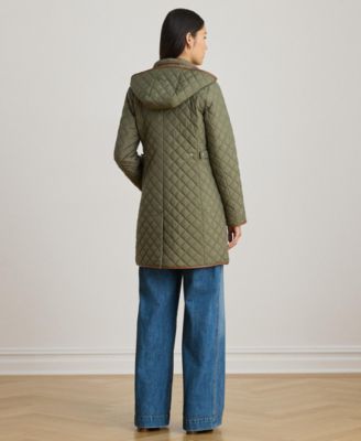 Womens Hooded Quilted Faux-Suede-Trim Coat