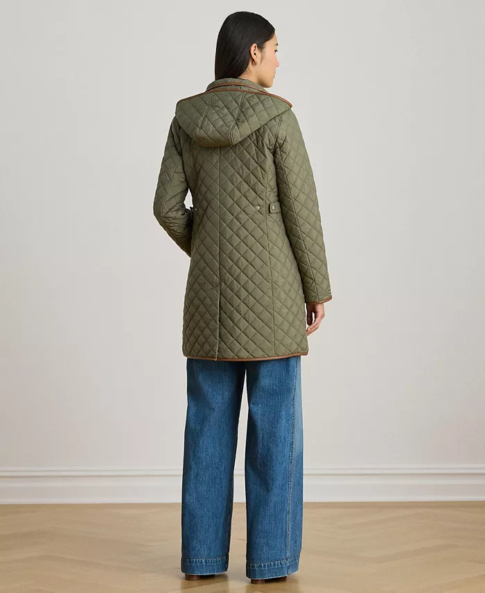 Womens Hooded Quilted Faux-Suede-Trim Coat - thumbnail 5