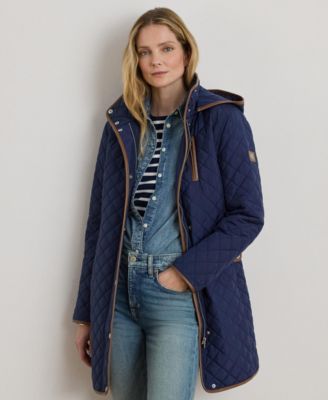 Womens Hooded Quilted Faux-Suede-Trim Coat