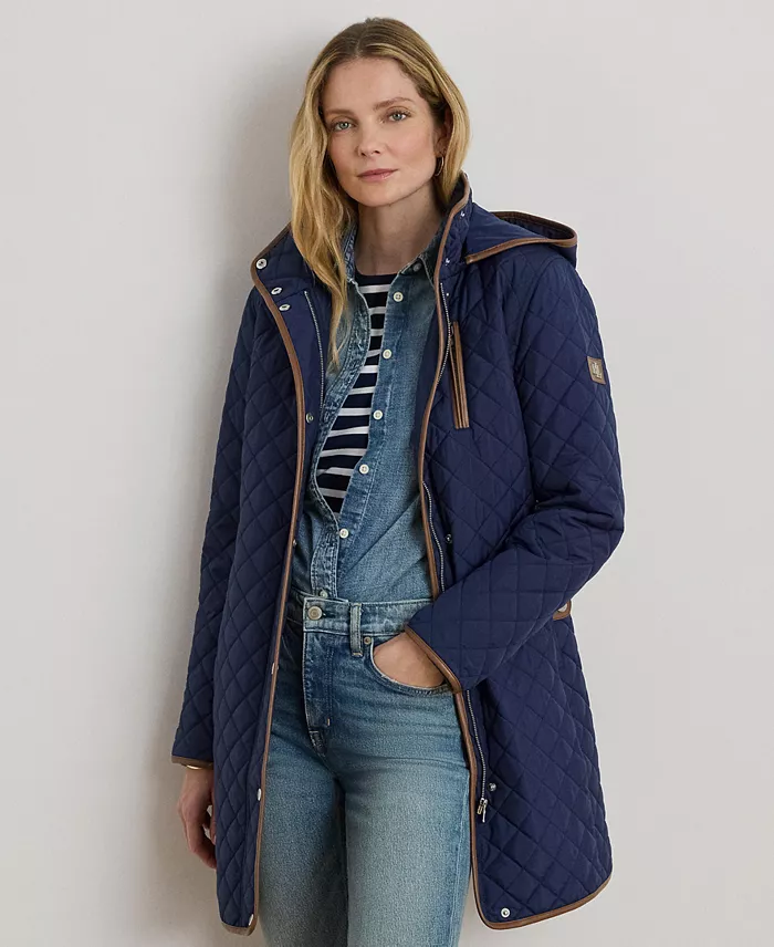 Womens Hooded Quilted Faux-Suede-Trim Coat - thumbnail 6