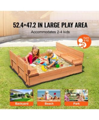Wooden Sandbox with Foldable Bench Seats, Natural Wood