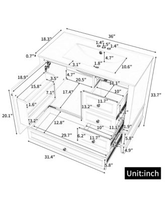 36 in. Freestanding Bathroom Vanity Cabinet with Ceramic Sink, MDF and Solid Wood Base, 3 Drawers and Shelves, 4 in. Faucet Holes
