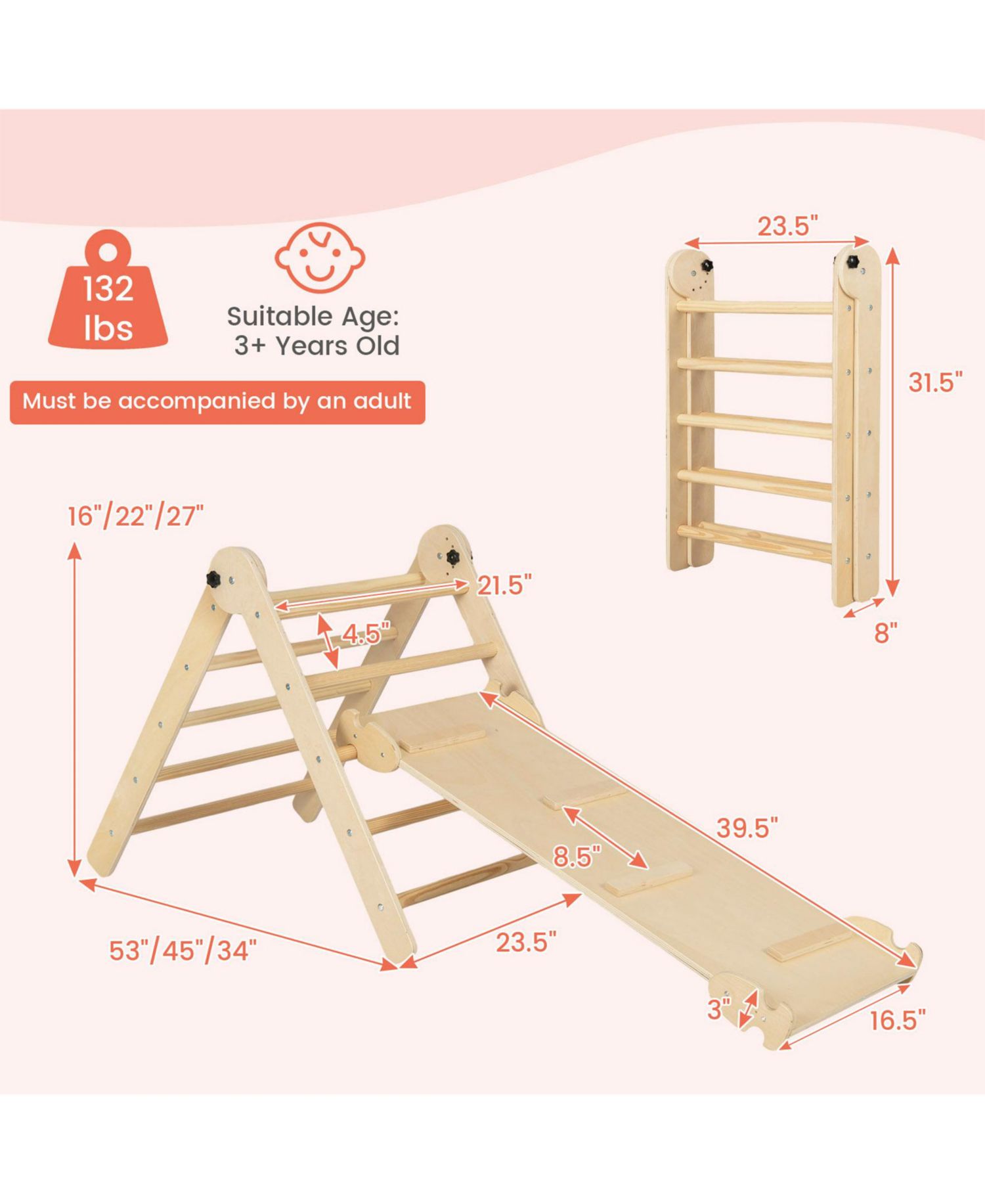 3-in-1 Climbing Set Foldable and Adjustable Kids Triangle Set-Natural
