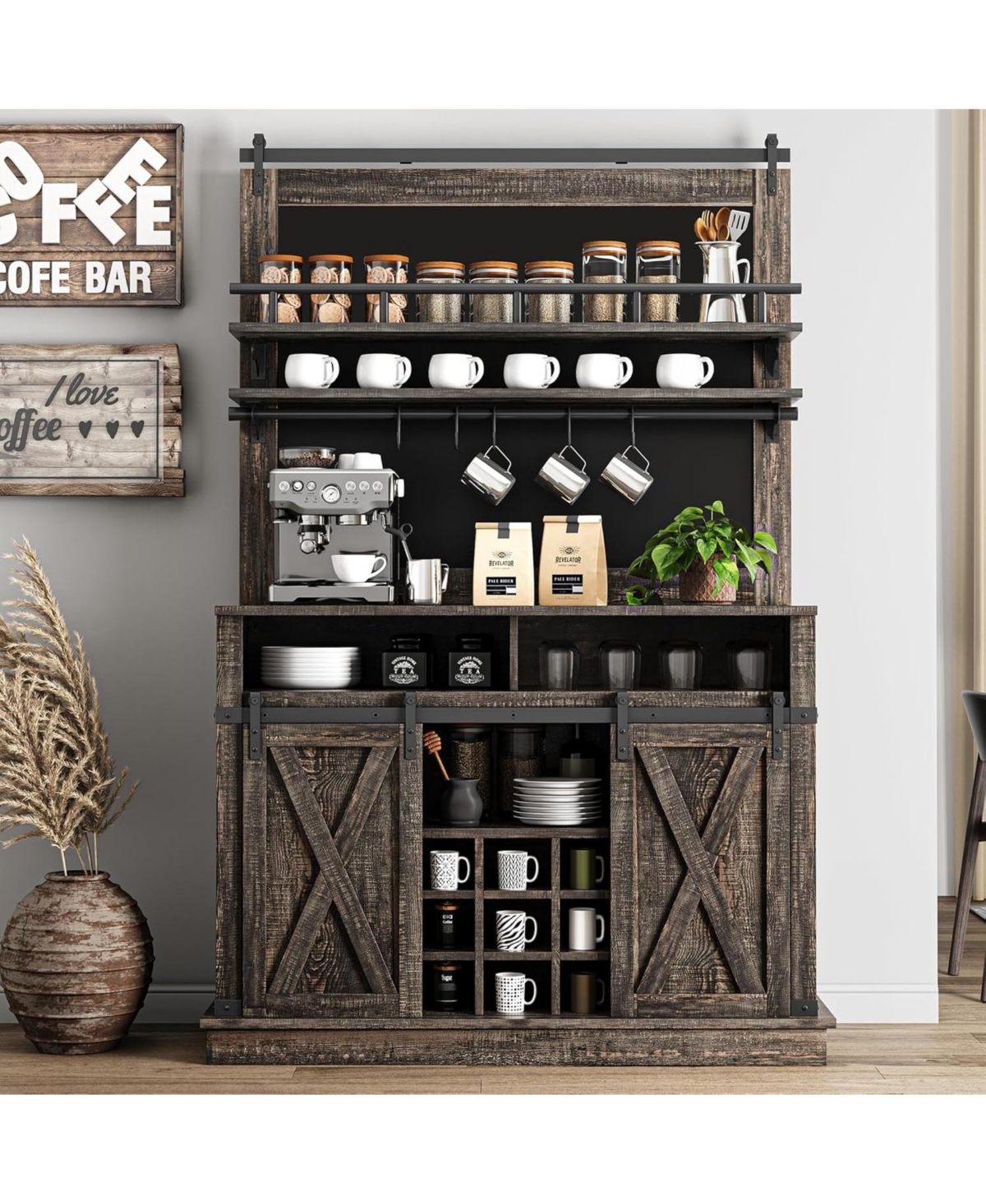 gaomon 75 Inch Farmhouse Coffee Bar Cabinet with Sliding Barn Doors, Storage Buffet Sideboard Adjustable Shelves