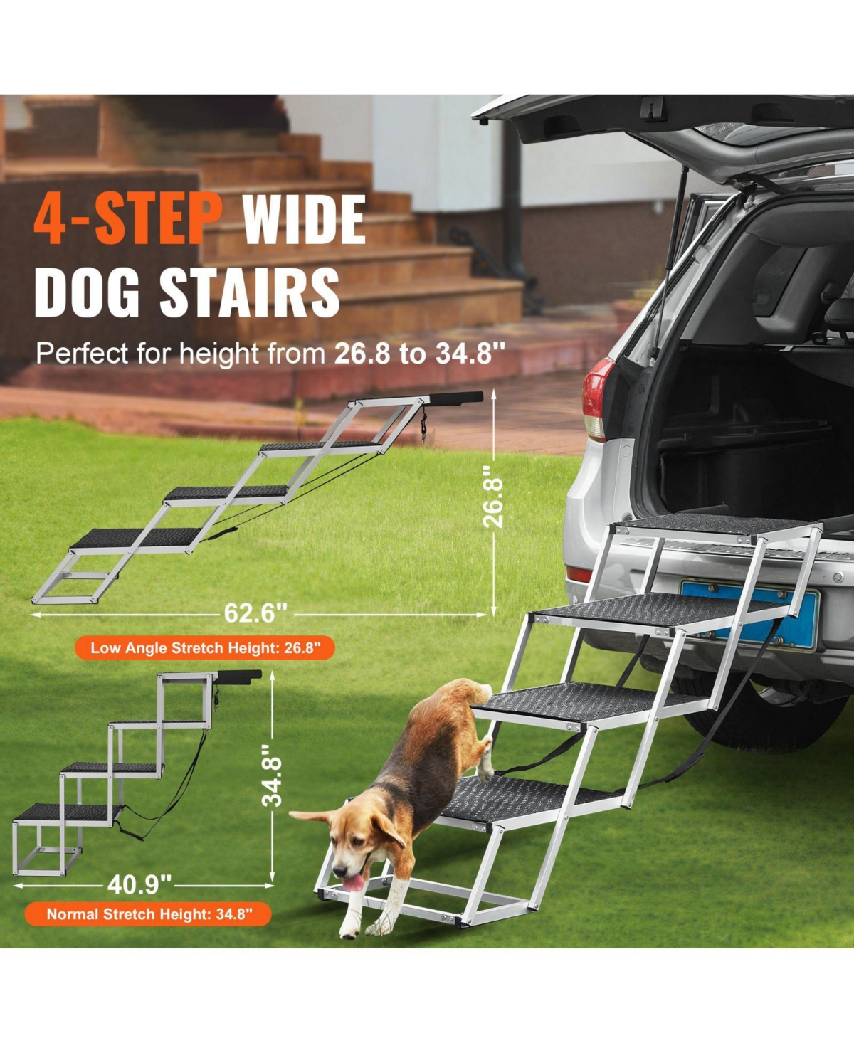 Cozito 4-Step Aluminum Folding Pet Stairs for Cars, Holds up to 250 lbs