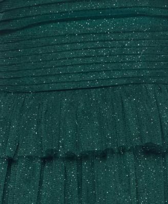 Women's Strapless Side-Shirred Tiered Glitter Mini Dress