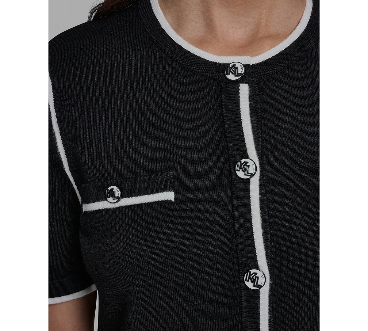 Karl Lagerfeld Paris Petite Short-Sleeve Tipped Sweater