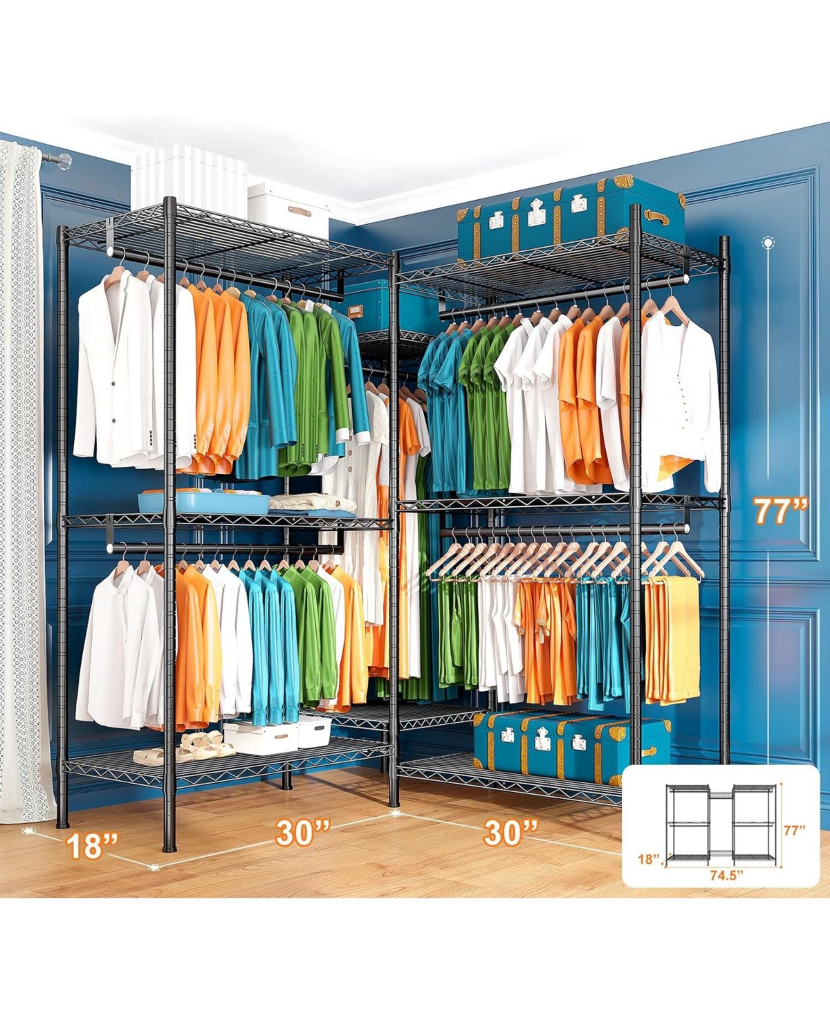 Raybee L Shaped Clothes Rack for Corner, Clothing Racks for Hanging Clothes, 900LBS Heavy Duty Clothes Rack Garment Rack 74.5" W X 18" D X 7