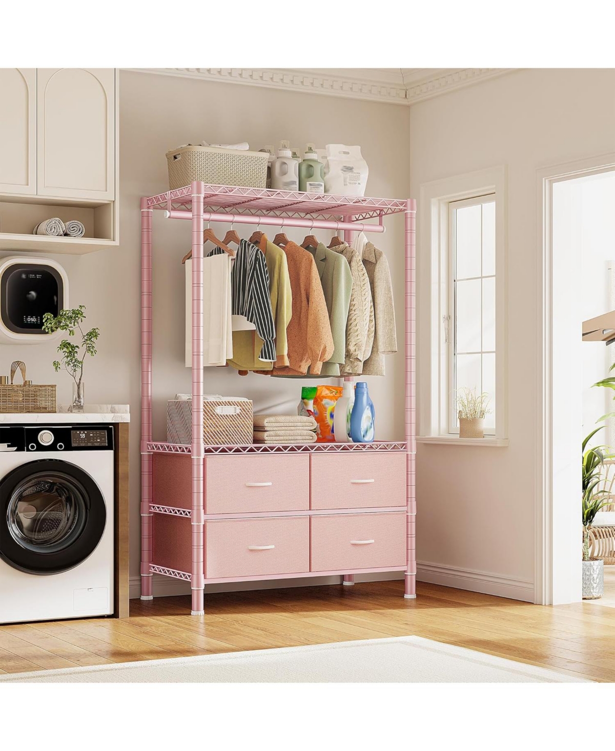 Raybee Clothes Rack, Clothing Rack for Hanging Clothes with 4 Drawers Load 420LBS Heavy Duty Garment Rack with Drawers