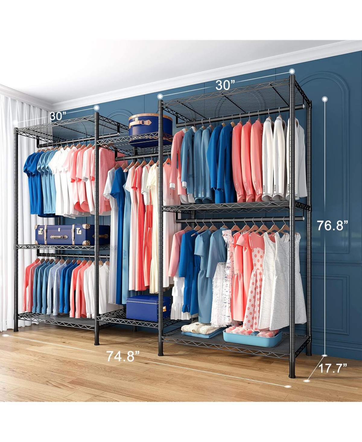 Raybee Clothes Rack with Shelves, Portable Metal Closet Organizer for Hanging Clothes, Adjustable, Max Load 900 lbs for Bedroom or Apartment