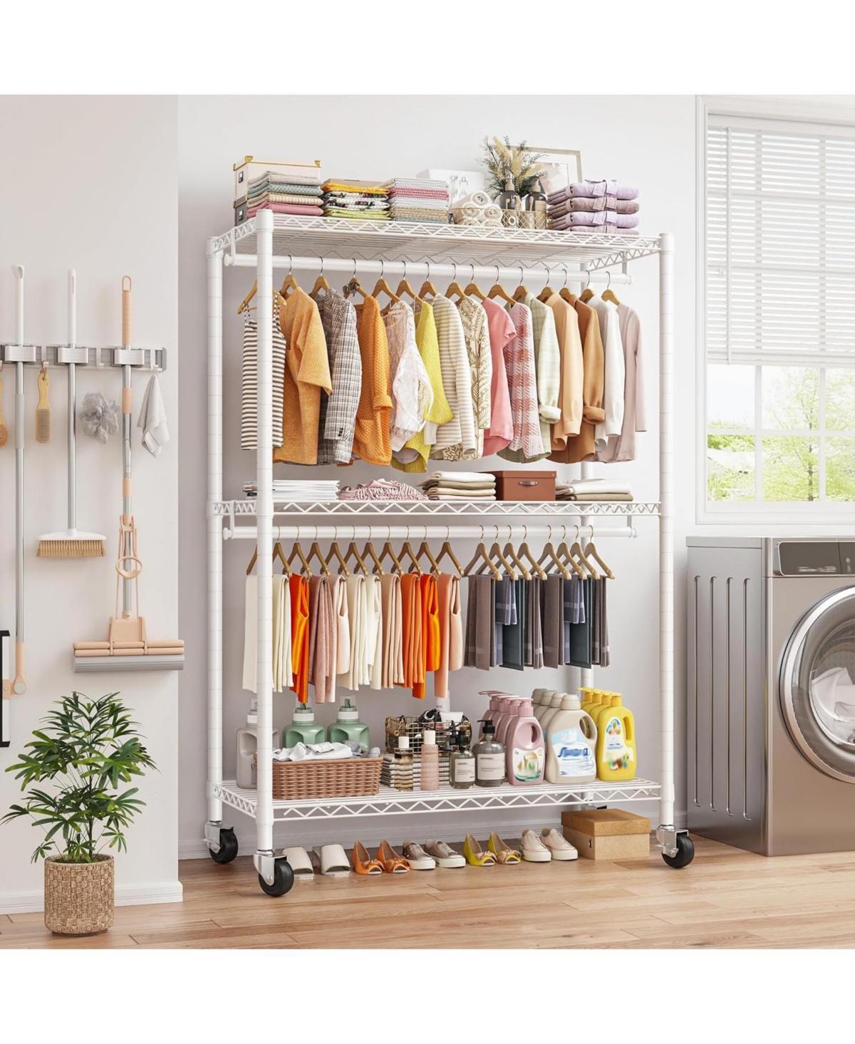 Raybee Rolling Clothes Rack, Clothing Racks for Hanging Clothes,Heavy Duty Garment Rack with Wheels and Adjustable Feet,Metal Portable Closet