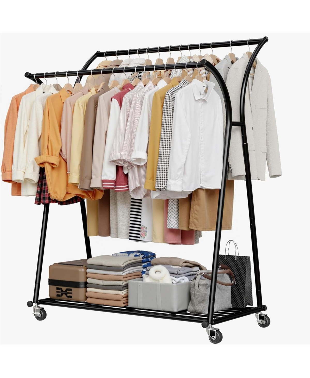 Raybee Heavy Duty Clothes Racks for Hanging Clothes, Clothing Rack with Wheels Load 360LBS, Portable Double Rod Garment Racks for Closet, Bedroom