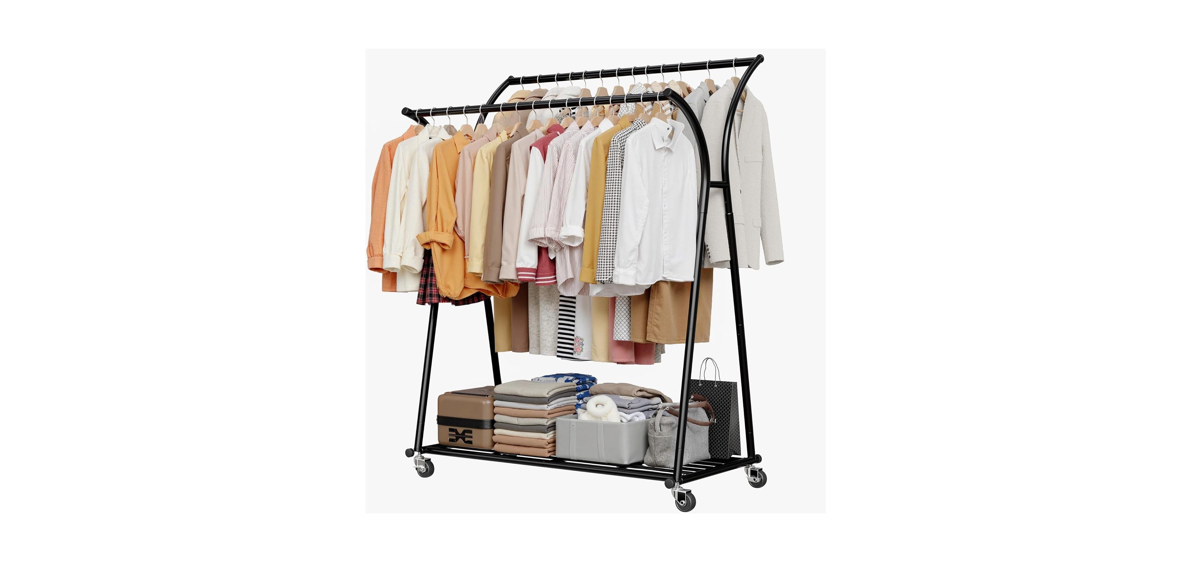 Raybee Heavy Duty Clothes Racks for Hanging Clothes, Clothing Rack with Wheels Load 360LBS, Portable Double Rod Garment Racks for Closet, Bedroom