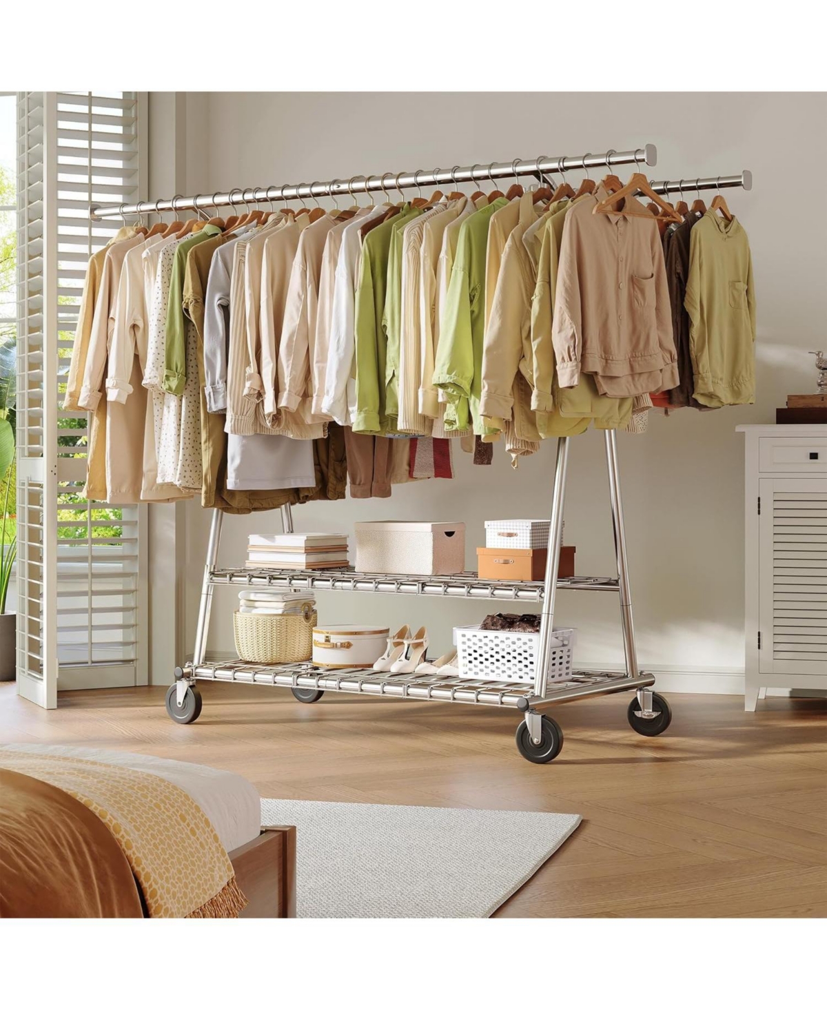 Raybee 78" W Heavy Duty Clothes Rack Loads 630 Lbs, Double Rods Clothing Racks for Hanging 450+ Clothes, Clothing Rack with Wheels