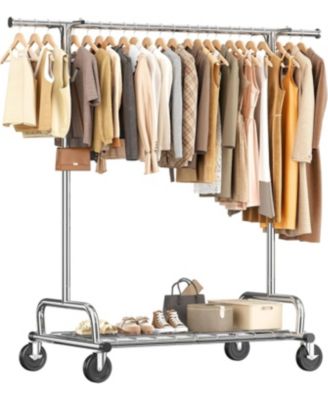 Heavy Duty Clothes Rack Load 485LBS, Metal Garment Storage with Mesh Shelf & Lockable Wheels, Rolling Clothing Rack