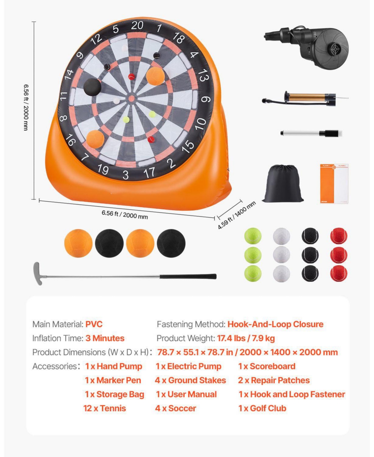 Sugift Inflatable Soccer Dart Board Giant 6-Foot Target with Balls and Pump