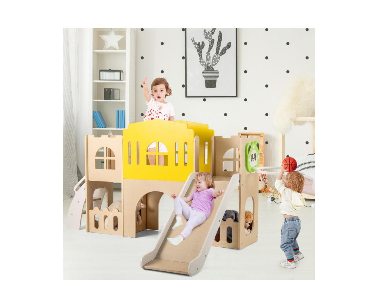 7-in-1 Wooden Slide and Climber Set with Basketball Hoop
