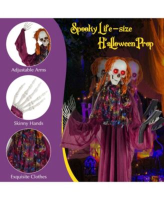 6 ft Halloween Animatronic Standing Girl Holding Book with Sound-Activated Light-up Eyes and Moving Arms & Head