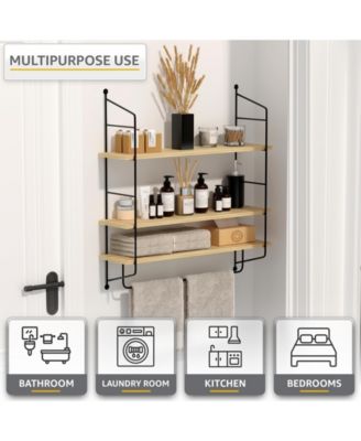 3-Tier Wooden Floating Shelves with Metal Brackets
