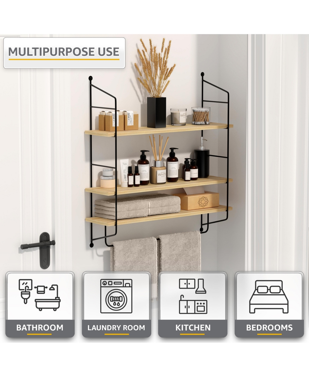 Sorbus 3-Tier Wooden Floating Shelves with Metal Brackets