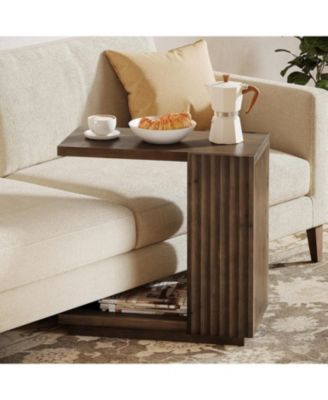 Solid Wood Side Table, C Shaped Sofa End Table, Space-Saving Small Nightstand
