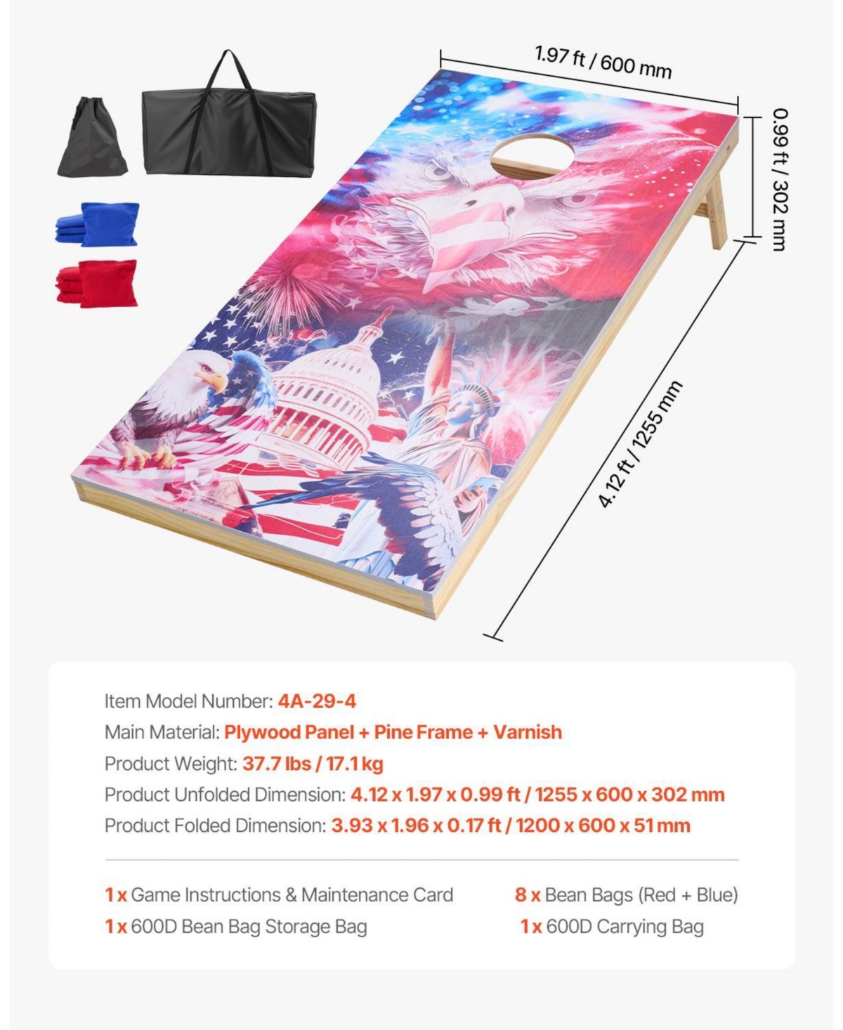 Sugift Cornhole Set 4x2 Ft Solid Wood Boards with Bean Bags and Carry Case