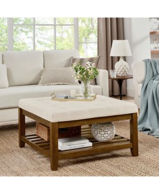 Ivory Upholstered Square Ottoman Coffee Table with Tufted Linen and Beech Wood Shelf