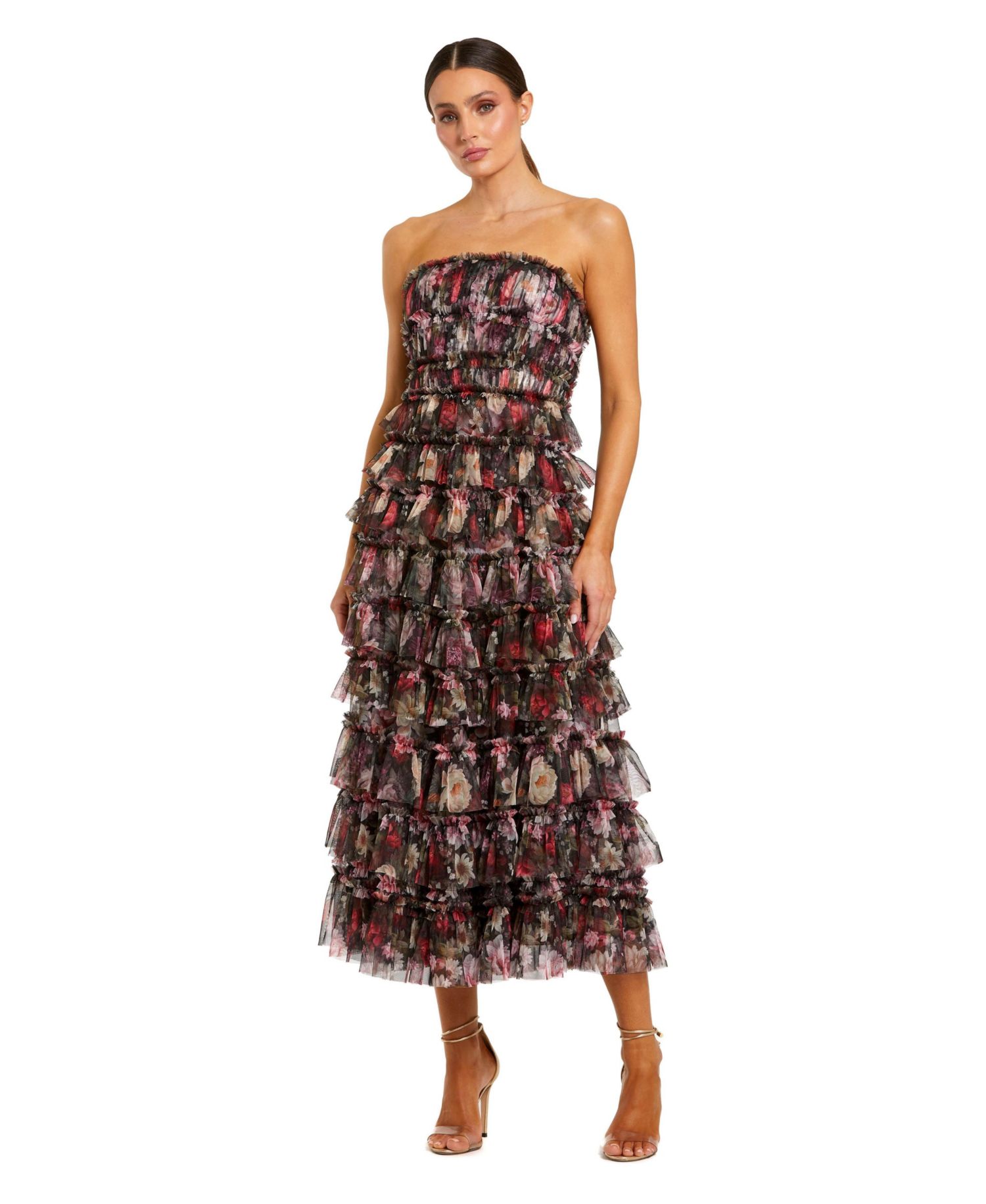 Women's Strapless Micro Ruffle A Line Midi Dress