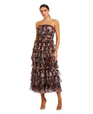 mac duggal strapless bustier spiral ruffle tulle side-slit maxi dress Mac Duggal Strapless Bustier Spiral Ruffle Tulle Side-Slit Maxi Dress