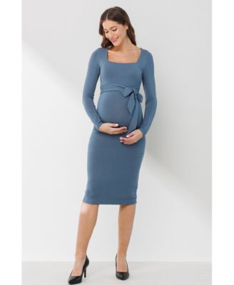 Maternity Tie Waist Square Neck Long Sleeve Dress