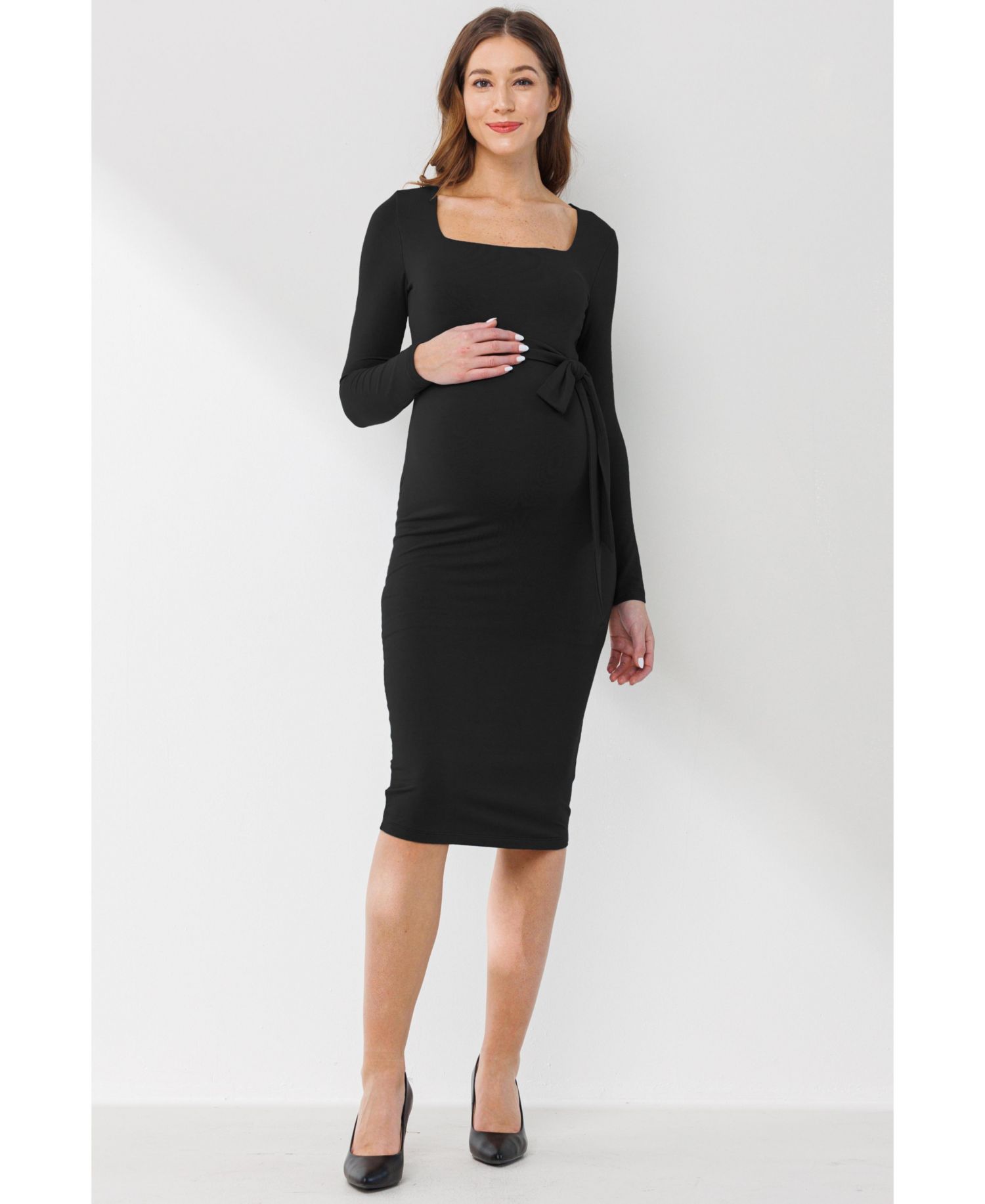 Women's Tie Waist Square Neck Long Sleeve Dress
