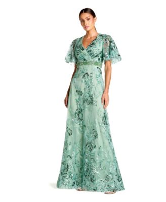 Women's Floral Embellished Short Sleeve Faux Wrap Gown