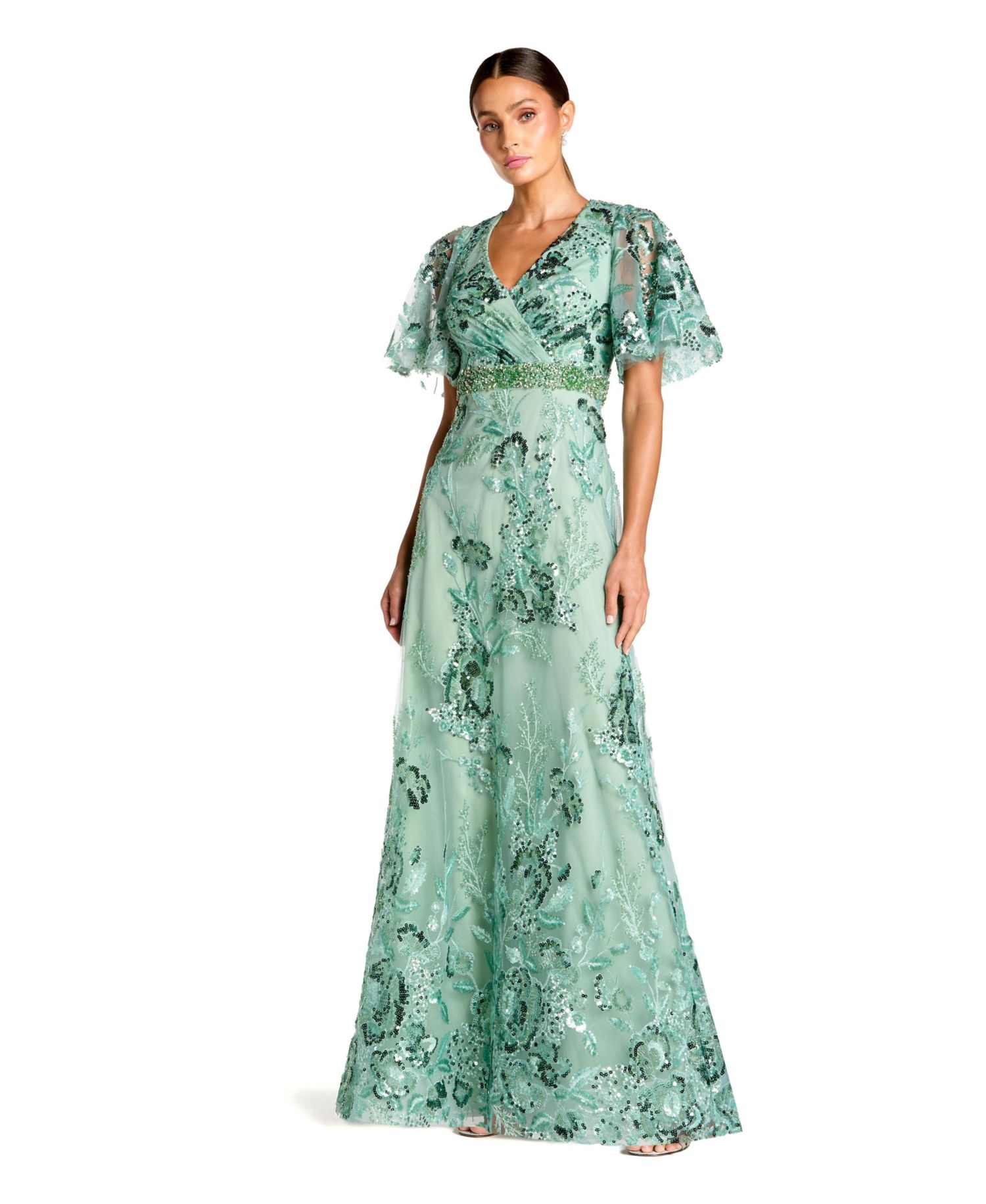 Women's Floral Embellished Short Sleeve Faux Wrap Gown
