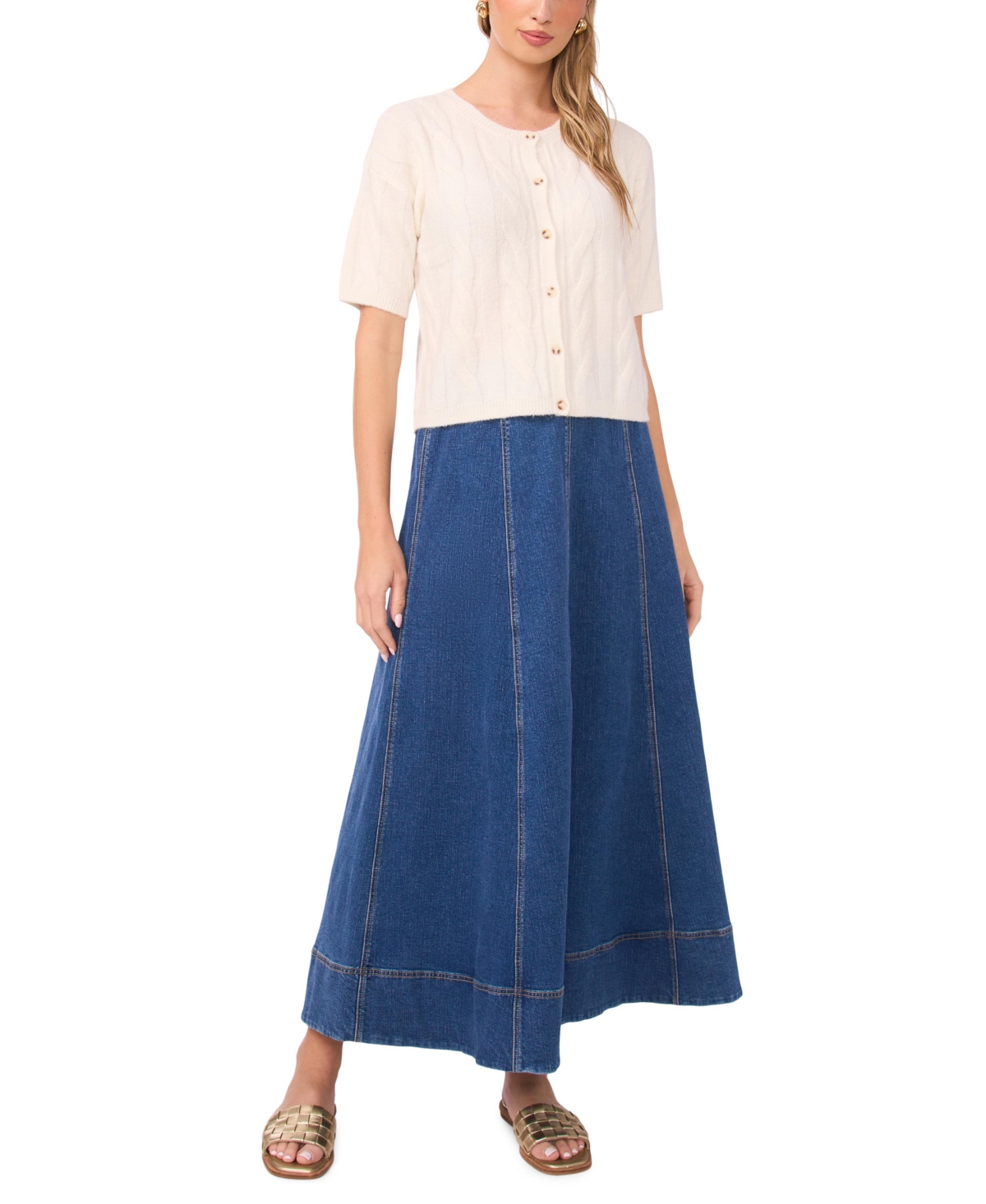 1.state Women's Cable Knit Crewneck Cardigan Sweater